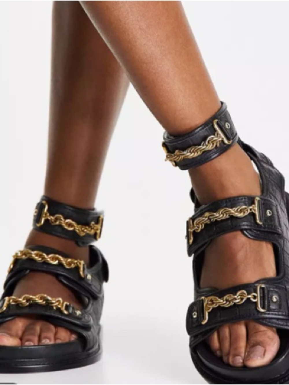ASOS Black Leather Gladiator Sandals with Gold Chain Trim- 7